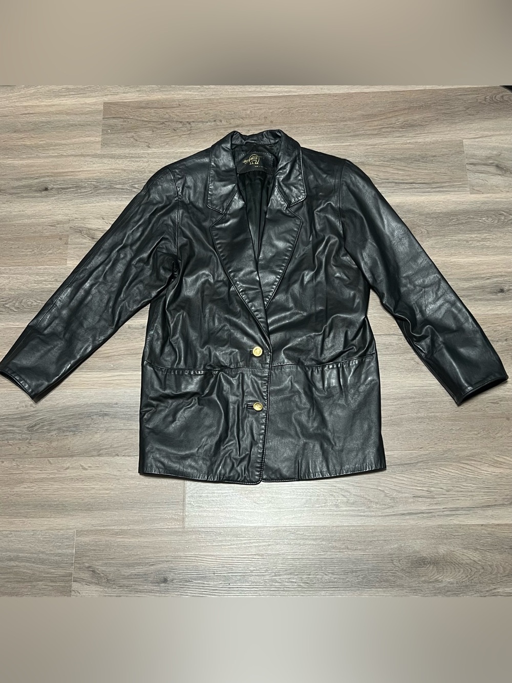 Vintage Etienne Aigner Medium Leather Jacket Blazer Black Two Button Collared
